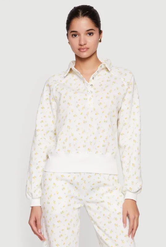 Ditsy Floral Print Raglan Sleeve Polo Sweatshirt made by Almost Famous