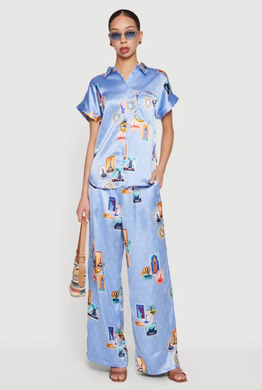 Travel Print Satin Pull On Wide Leg Pants made by Rainbow