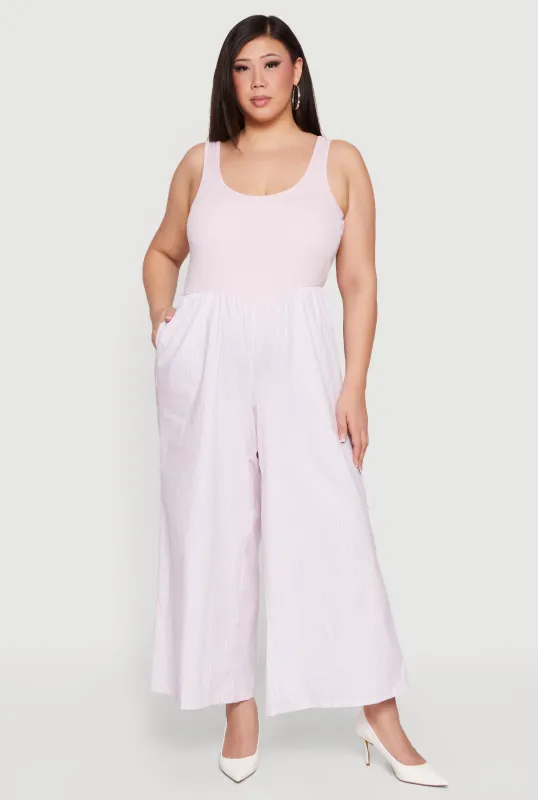 Plus Size Sleeveless Striped Ribbed Knit Jumpsuit made by Rainbow