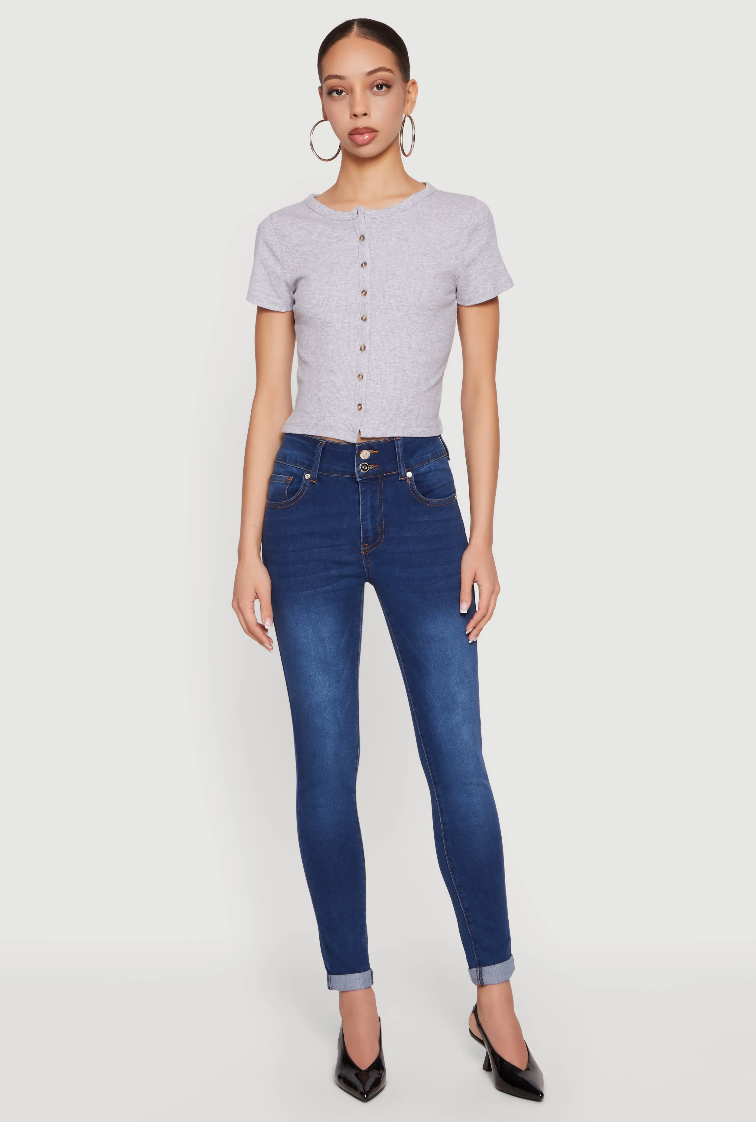 Ribbed Knit Button Front Crop Top sold by Rainbow