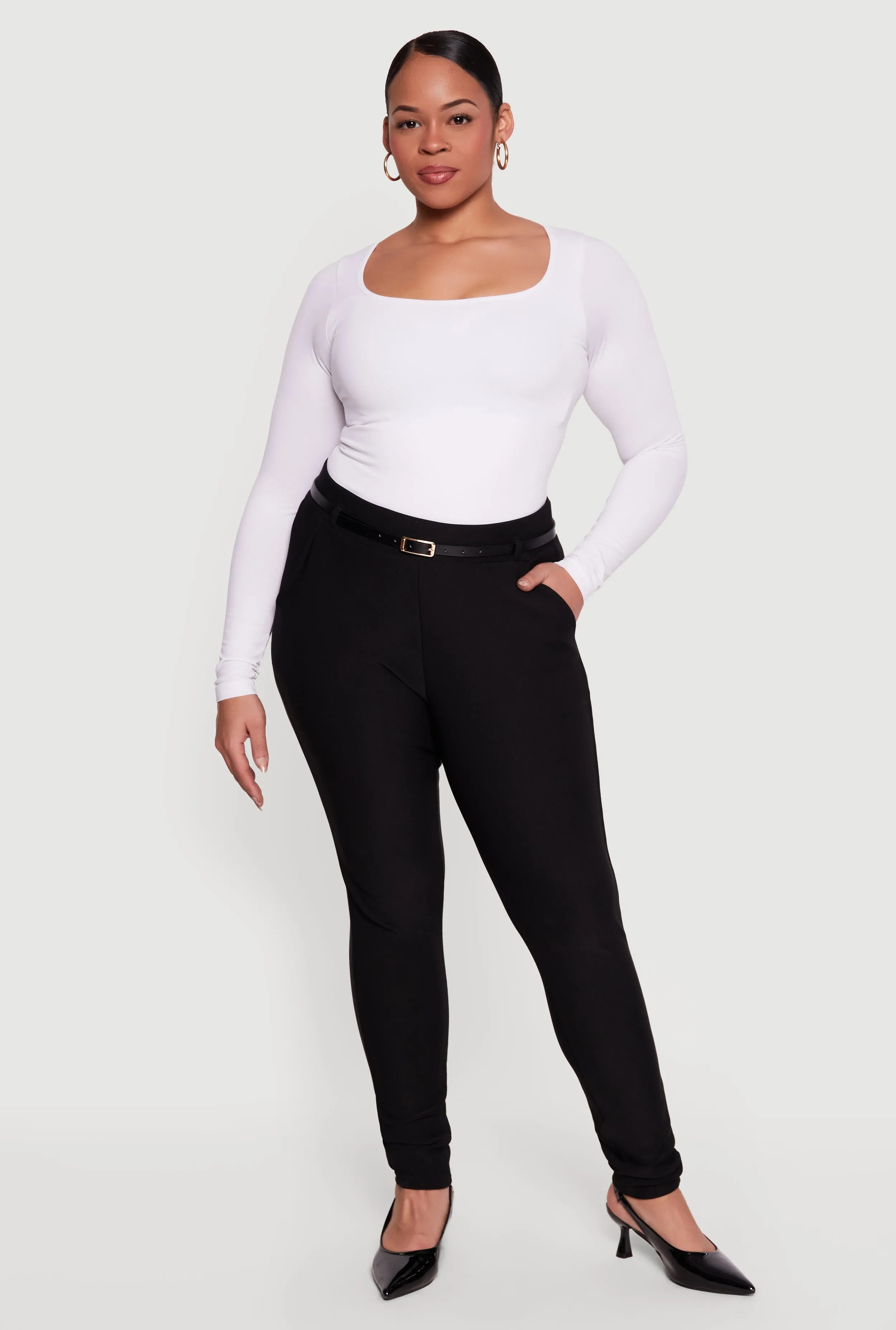 Plus Size High Waisted Belted Skinny Leg Dress Pants sold by Rainbow