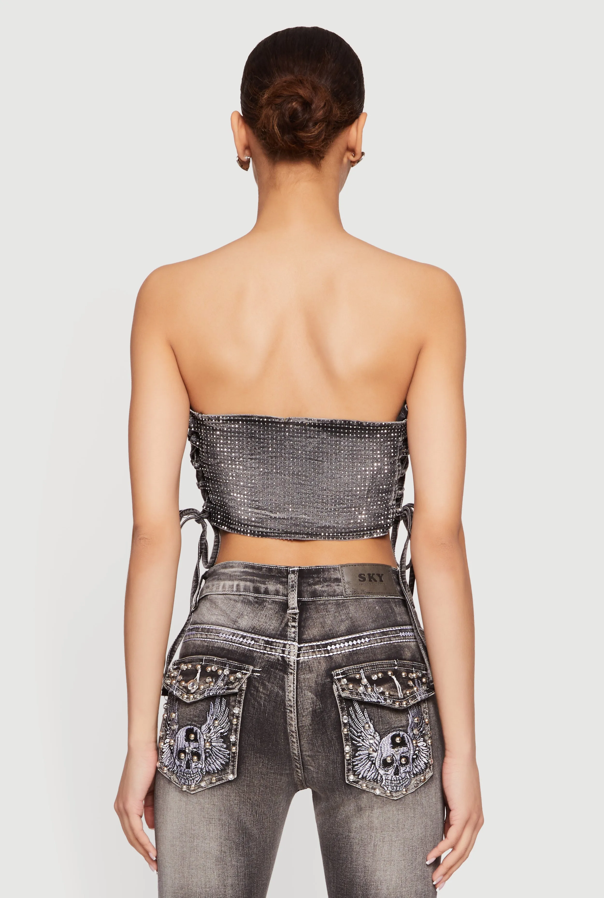 Rhinestone Denim Lace Up Side Cropped Corset Top sold by Rainbow product image thumbnail 5