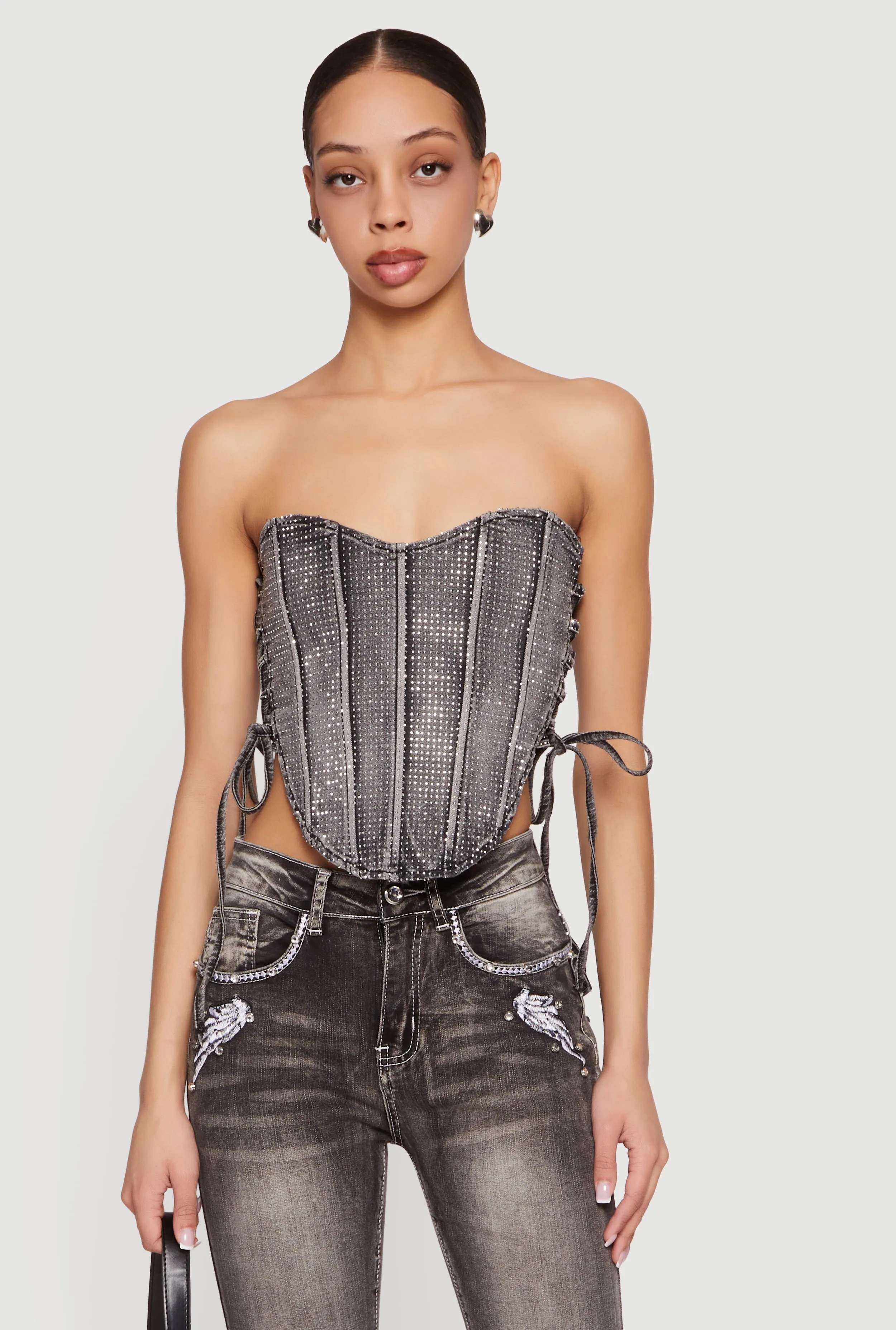 Rhinestone Denim Lace Up Side Cropped Corset Top sold by Rainbow product image thumbnail 2