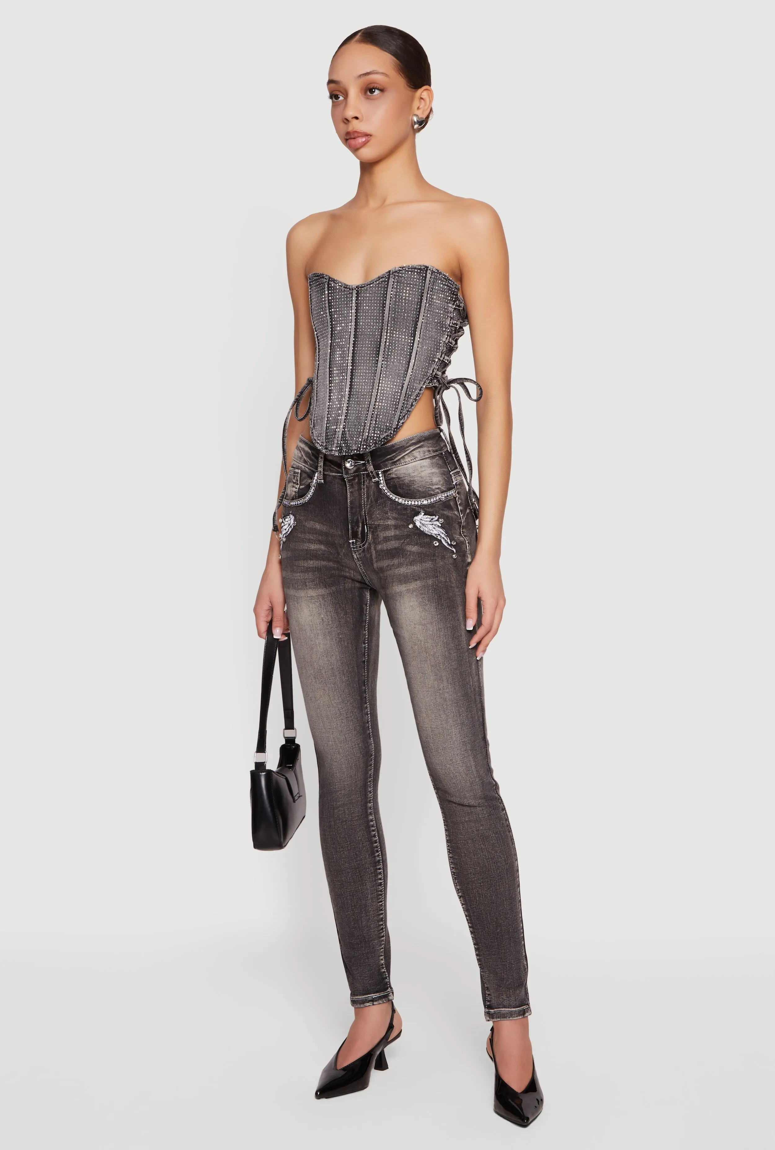 Rhinestone Denim Lace Up Side Cropped Corset Top sold by Rainbow product image thumbnail 3