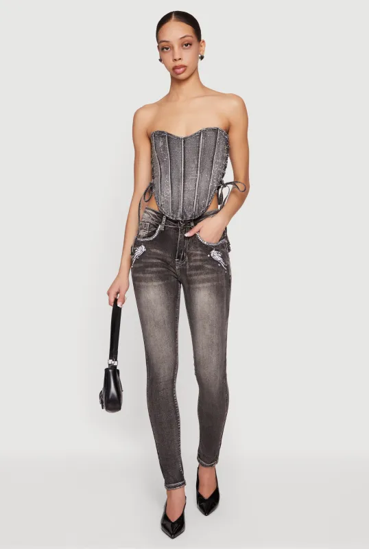 Rhinestone Denim Lace Up Side Cropped Corset Top made by Daisy