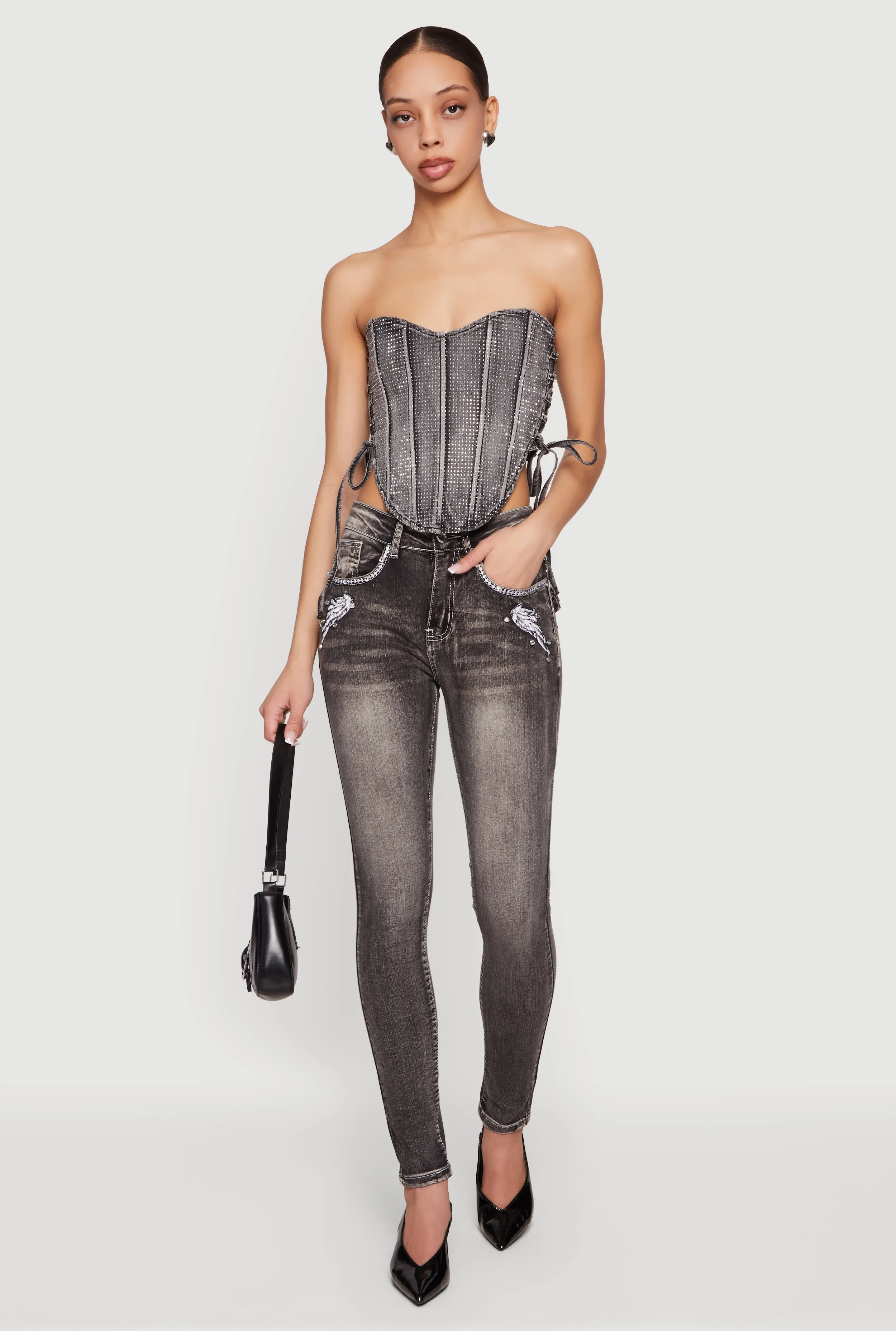 Rhinestone Denim Lace Up Side Cropped Corset Top sold by Rainbow