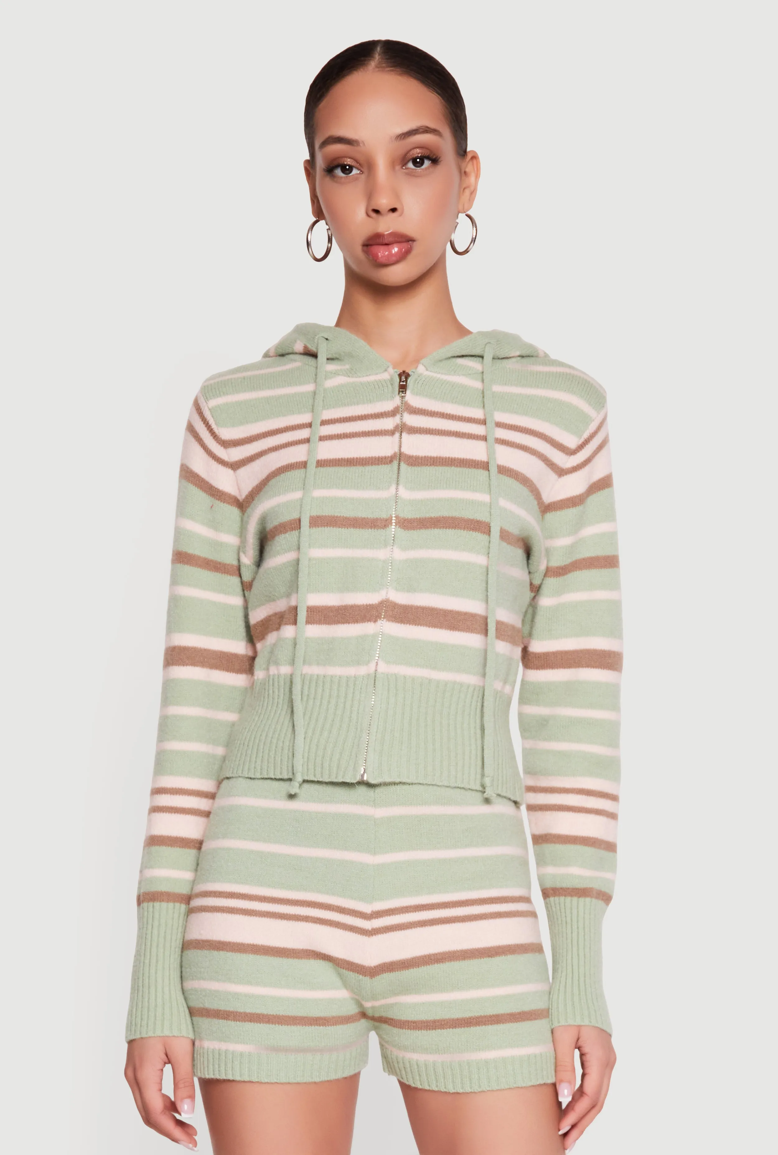 Striped Zip Front Hooded Sweater sold by Rainbow