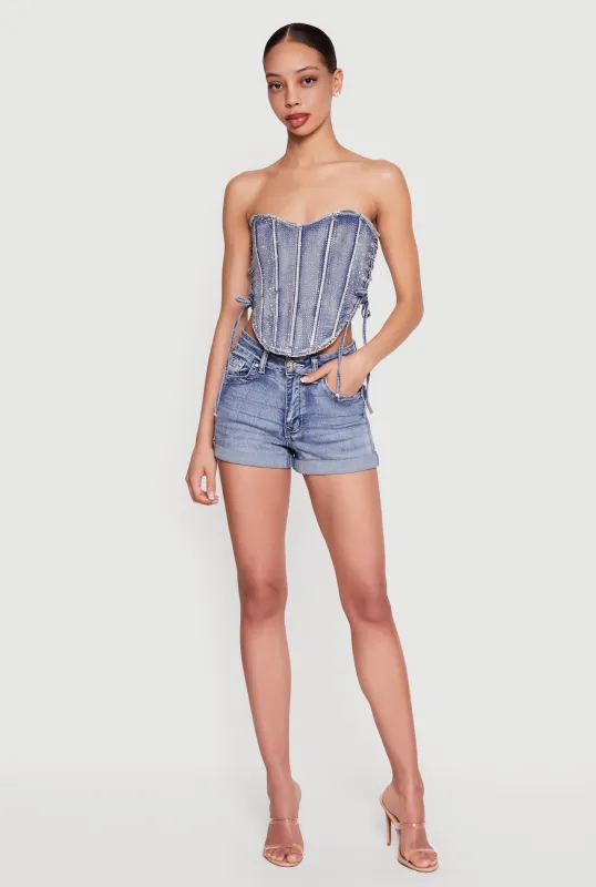 Rhinestone Denim Lace Up Side Cropped Corset Top made by Daisy