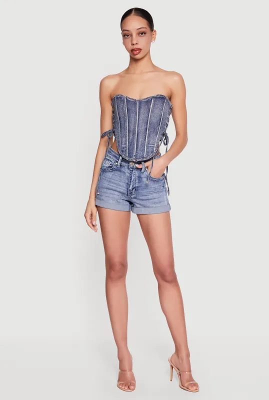 Rhinestone Denim Lace Up Side Cropped Corset Top made by Daisy