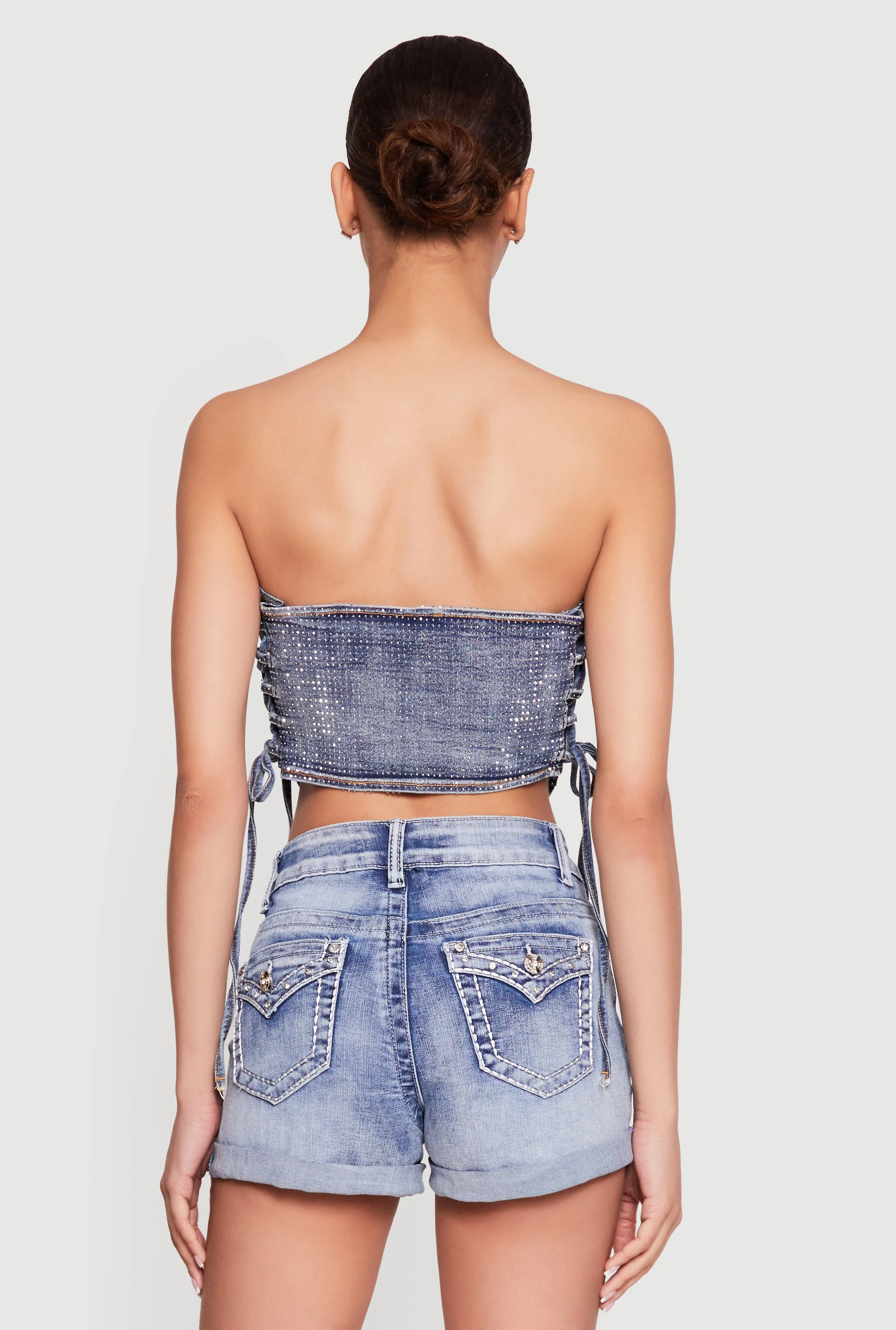 Rhinestone Denim Lace Up Side Cropped Corset Top sold by Rainbow product image thumbnail 5