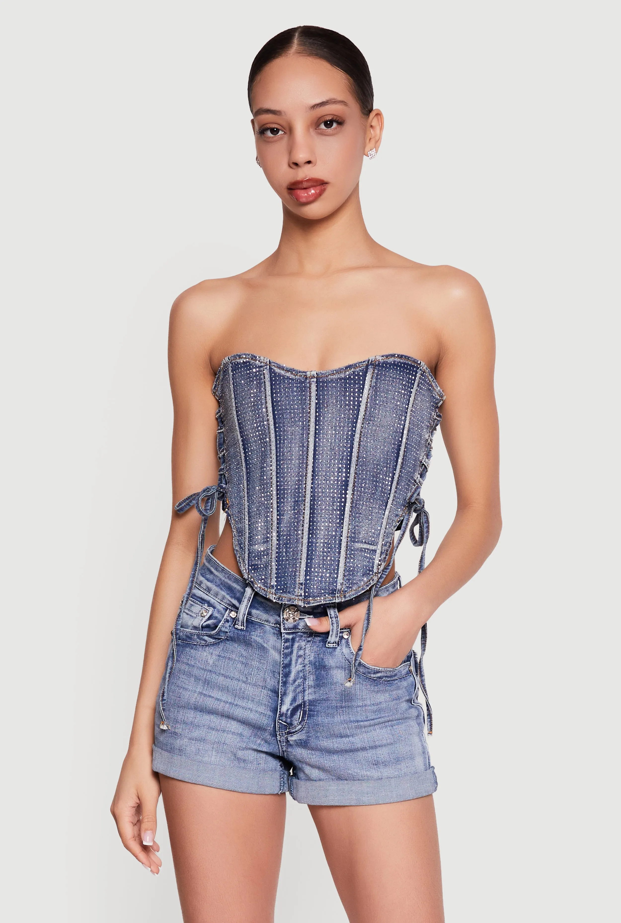 Rhinestone Denim Lace Up Side Cropped Corset Top sold by Rainbow product image thumbnail 2