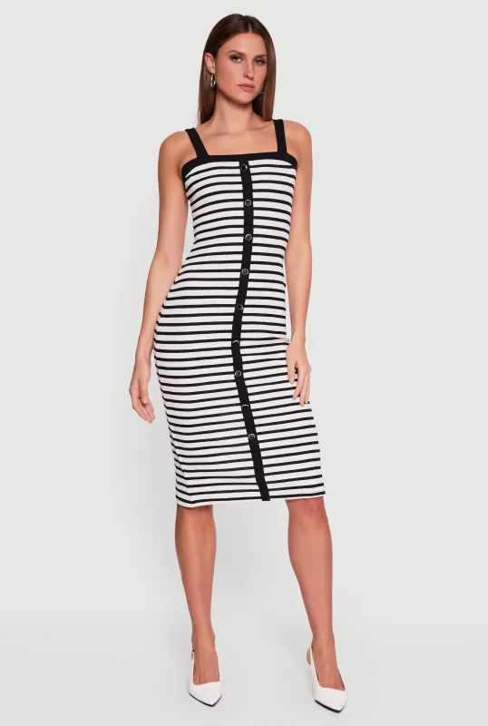 Square Neck Faux Button Striped Midi Dress made by Rainbow