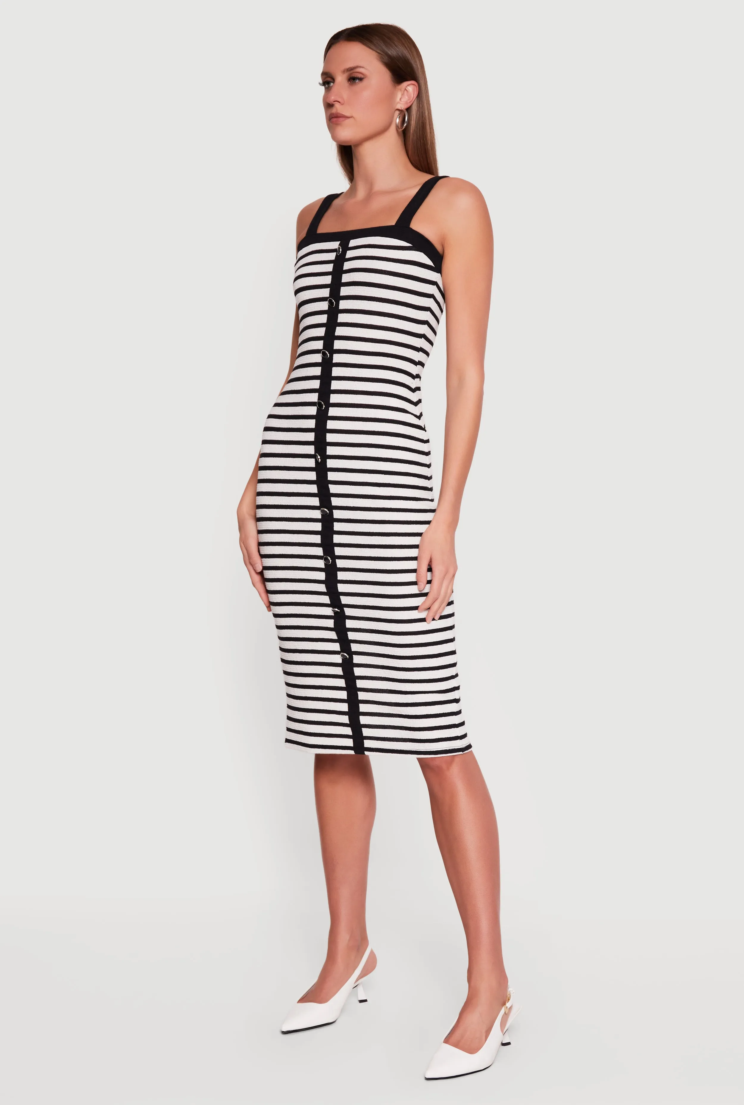 Square Neck Faux Button Striped Midi Dress sold by Rainbow product image thumbnail 2