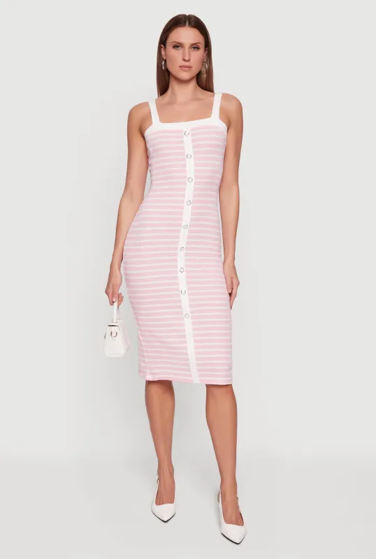 Square Neck Faux Button Striped Midi Dress made by Rainbow