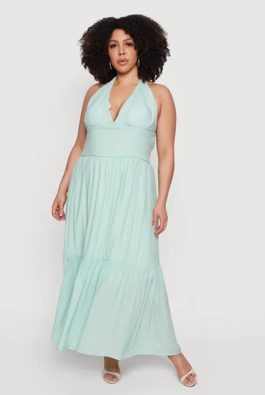 Plus Size Halter Neck Sleeveless Tiered Maxi Dress made by Rainbow