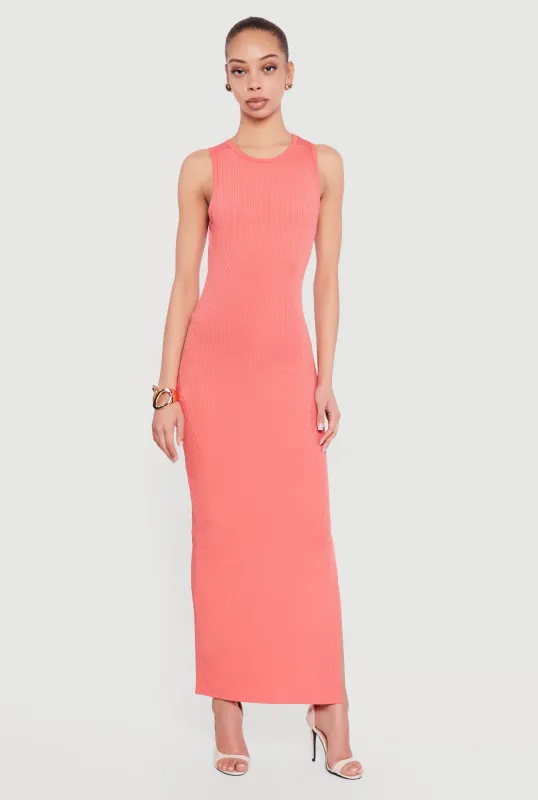 Sleeveless Ribbed Knit Crew Neck Maxi Dress made by Rainbow