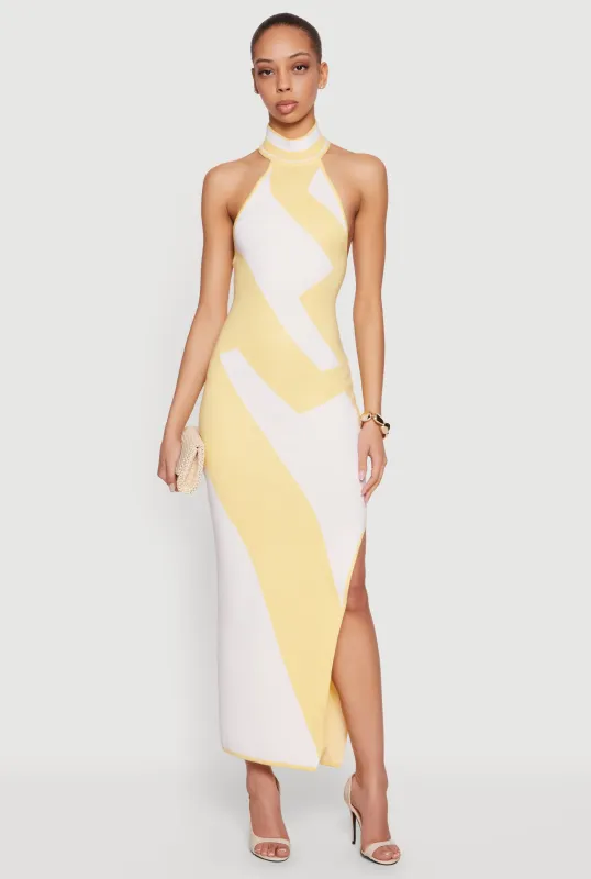 Abstract Print Side Slit Halter Maxi Dress made by Rainbow