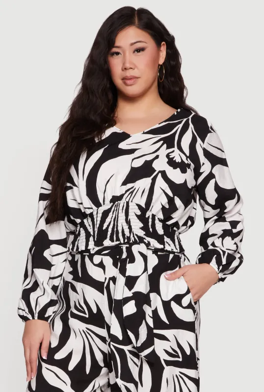 Plus Size Floral Print Smocked Bottom V Neck Blouse made by Rainbow