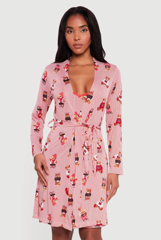 Teddy Bear Striped Print Cami Nightgown with Robe made by Rainbow