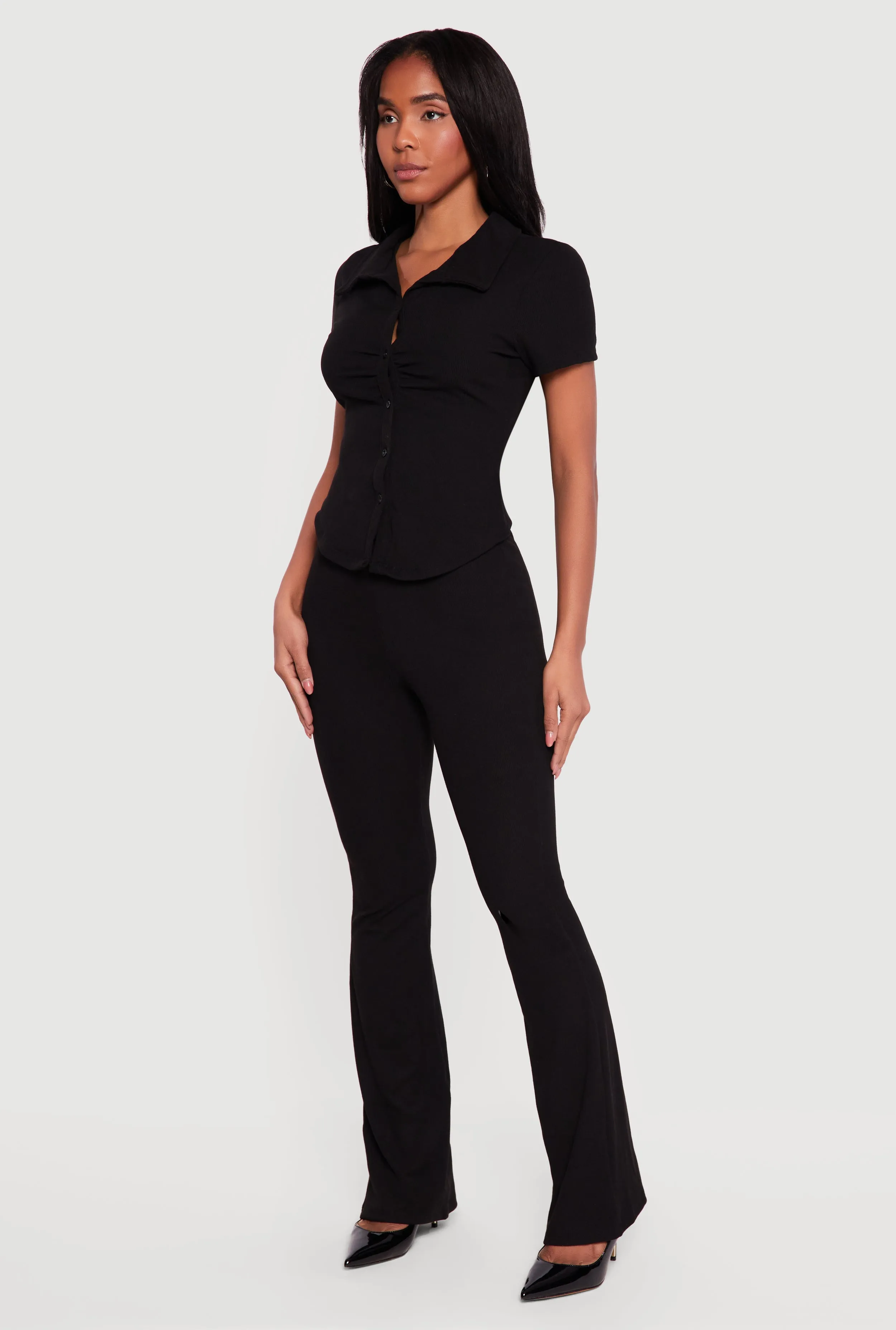 Brushed Rib Knit High Waisted Pull On Flare Pants sold by Rainbow product image thumbnail 2
