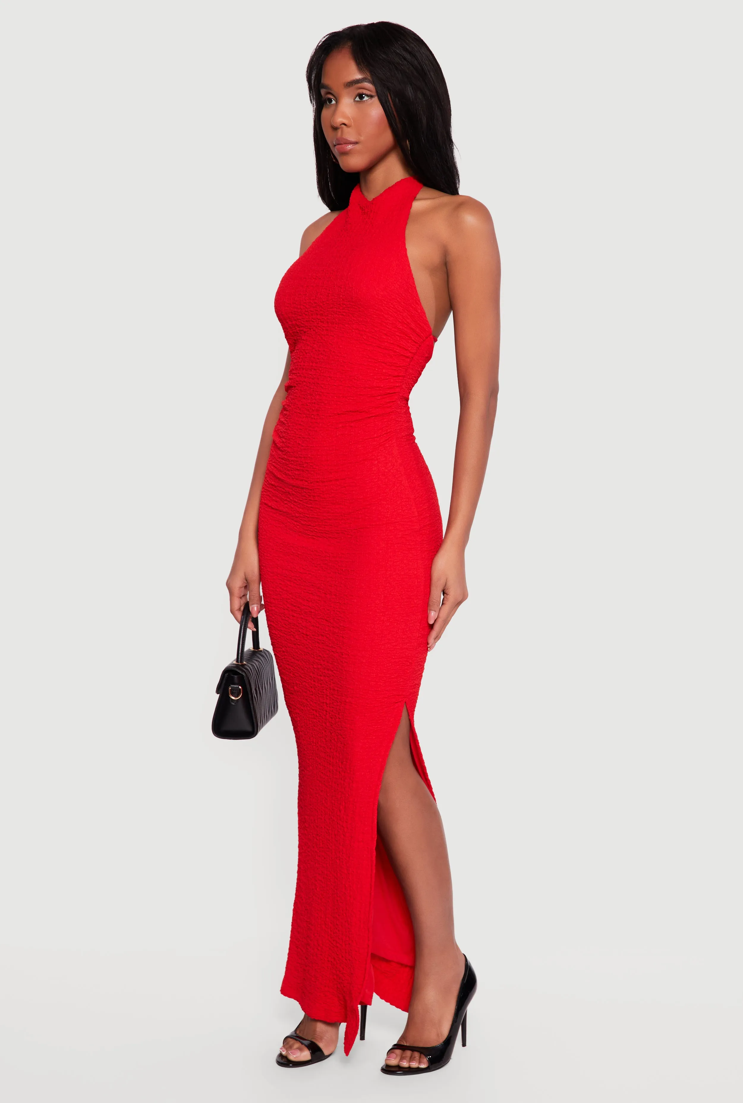 Textured Knit Ruched Side Halter Maxi Dress sold by Rainbow product image thumbnail 2