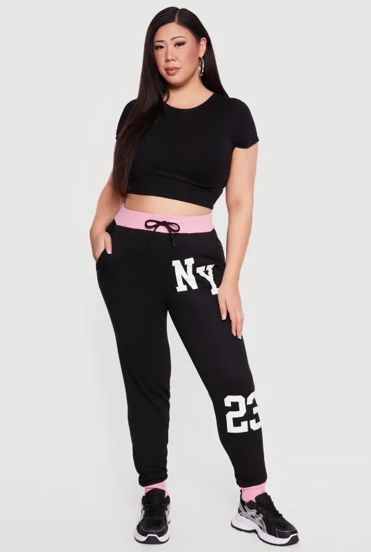 Plus Size Contrast Trim NY 23 Graphic Drawstring Joggers made by Rainbow