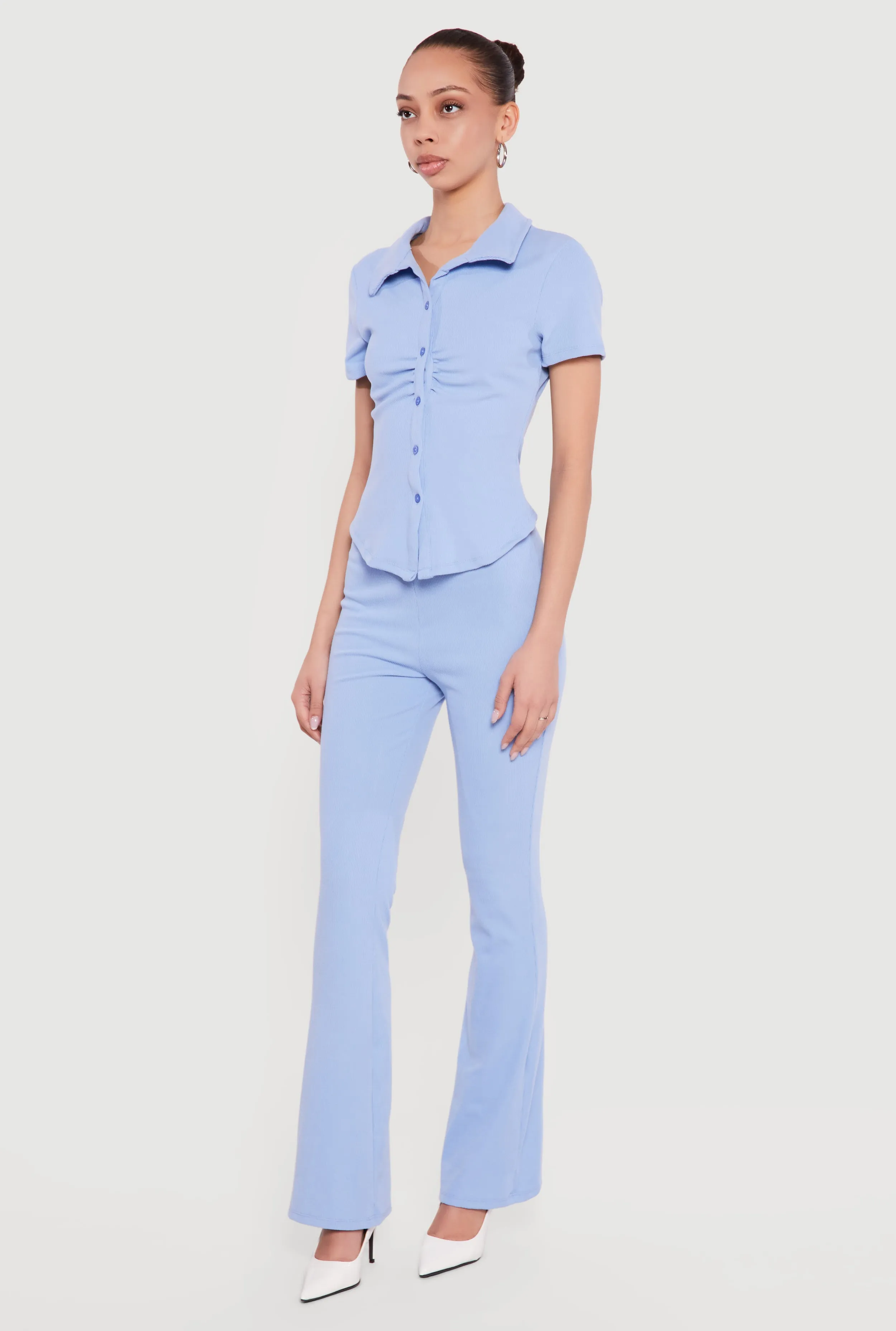 Brushed Rib Knit Ruched Button Front Shirt sold by Rainbow product image thumbnail 3