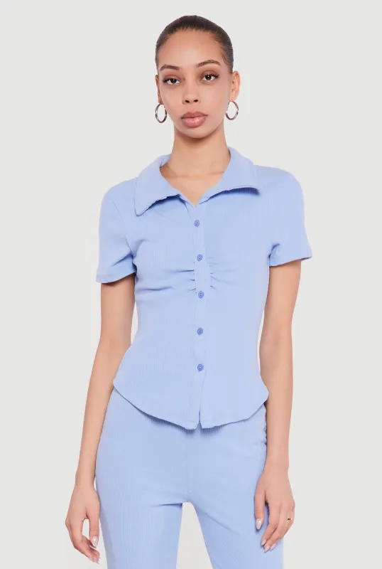 Brushed Rib Knit Ruched Button Front Shirt made by Rainbow