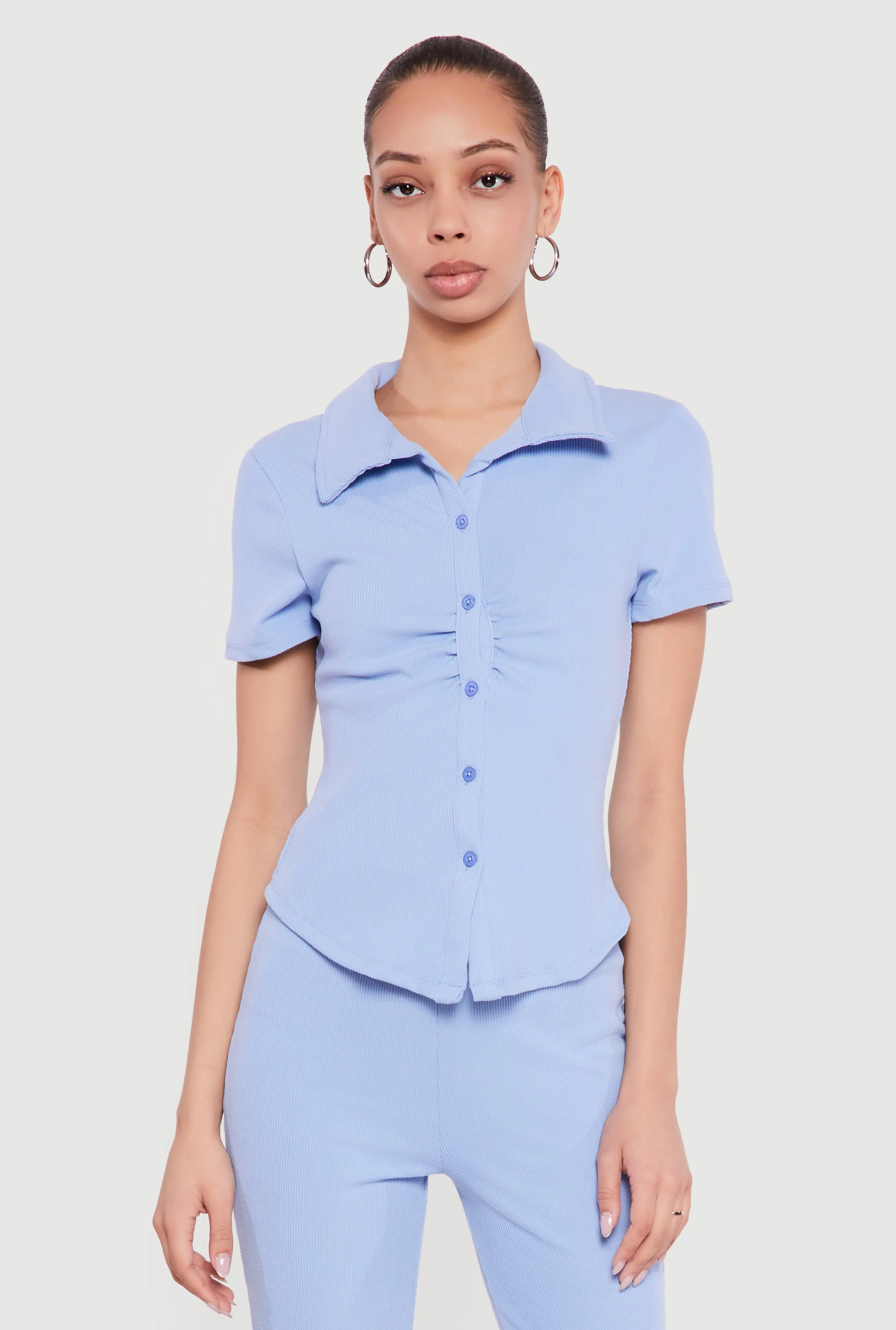 Brushed Rib Knit Ruched Button Front Shirt sold by Rainbow
