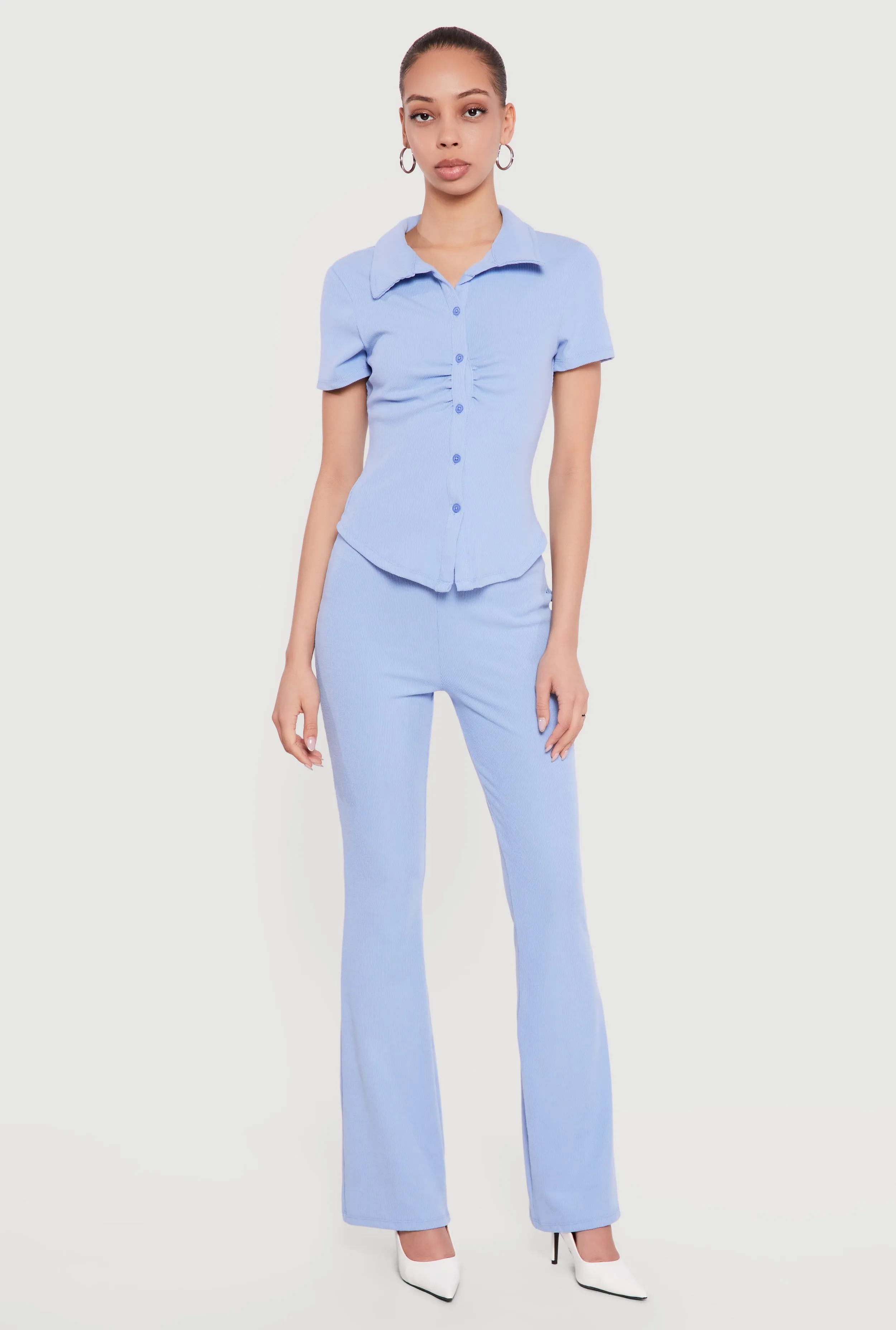 Brushed Rib Knit Ruched Button Front Shirt sold by Rainbow product image thumbnail 2