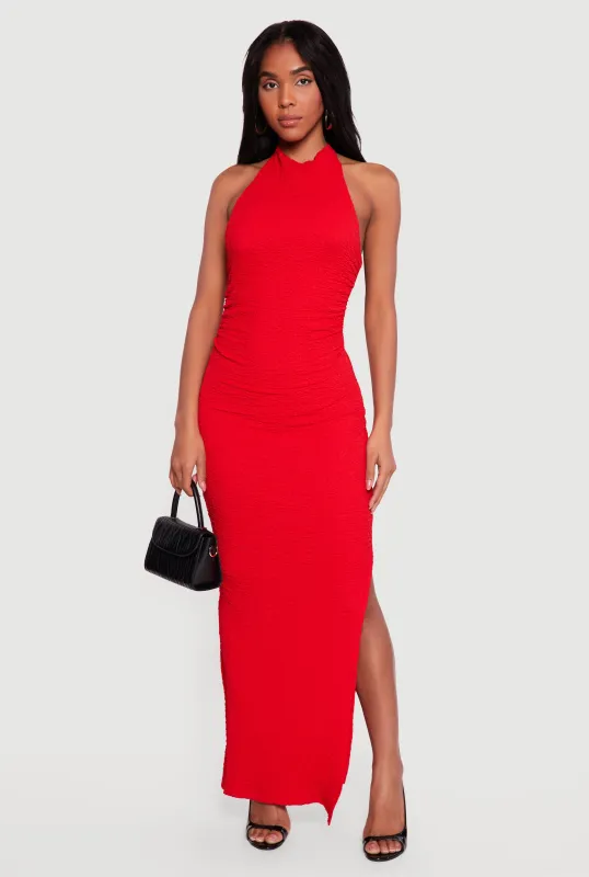 Textured Knit Ruched Side Halter Maxi Dress made by Rainbow