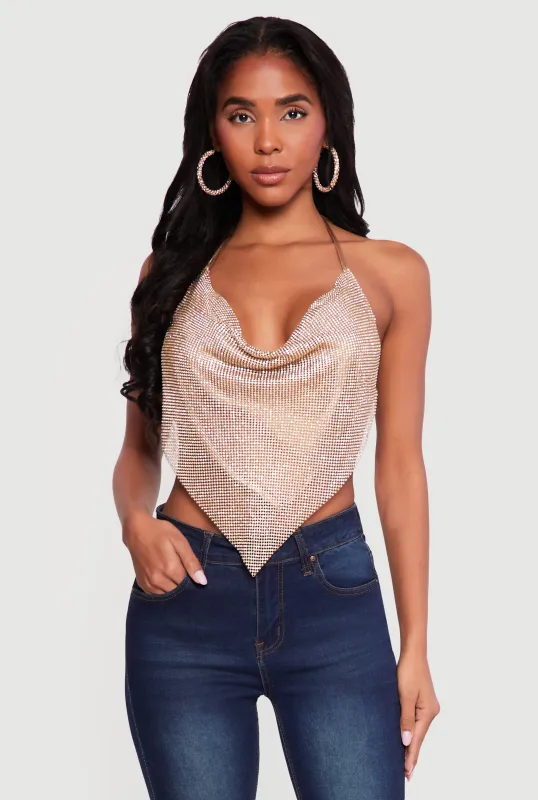 Rhinestone Hanky Hem Open Back Halter Top made by Rainbow