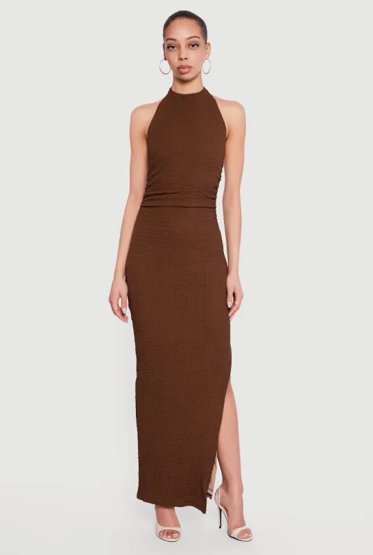 Textured Knit Ruched Side Halter Maxi Dress made by Rainbow