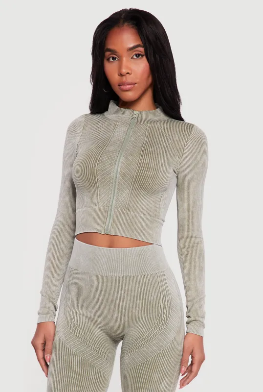Mineral Wash Ribbed Cropped Zip Front Active Jacket made by Rainbow