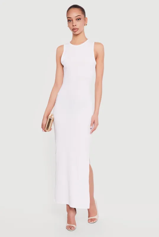 Sleeveless Ribbed Knit Crew Neck Maxi Dress made by Rainbow