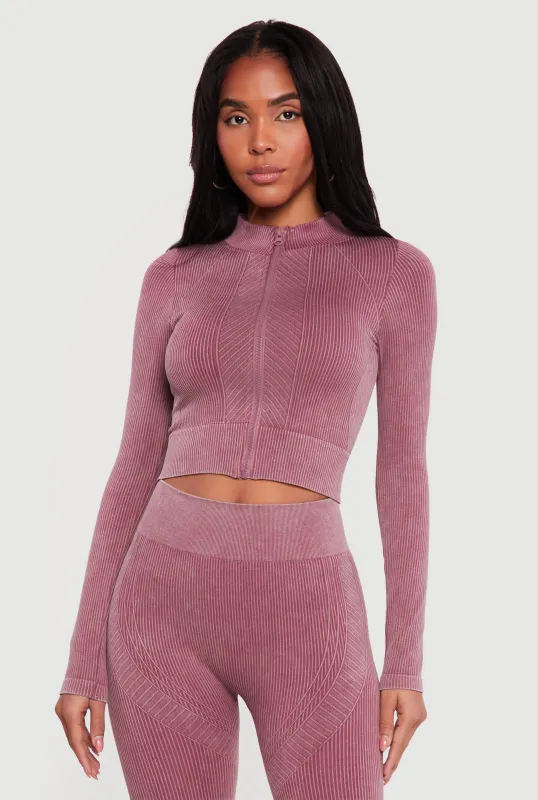 Mineral Wash Ribbed Cropped Zip Front Active Jacket made by Rainbow