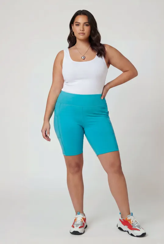 Plus Size Solid High Waisted Bike Shorts with Pockets made by Rainbow