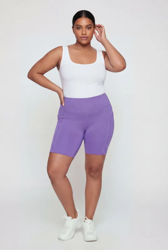 Plus Size Solid High Waisted Bike Shorts with Pockets made by Rainbow