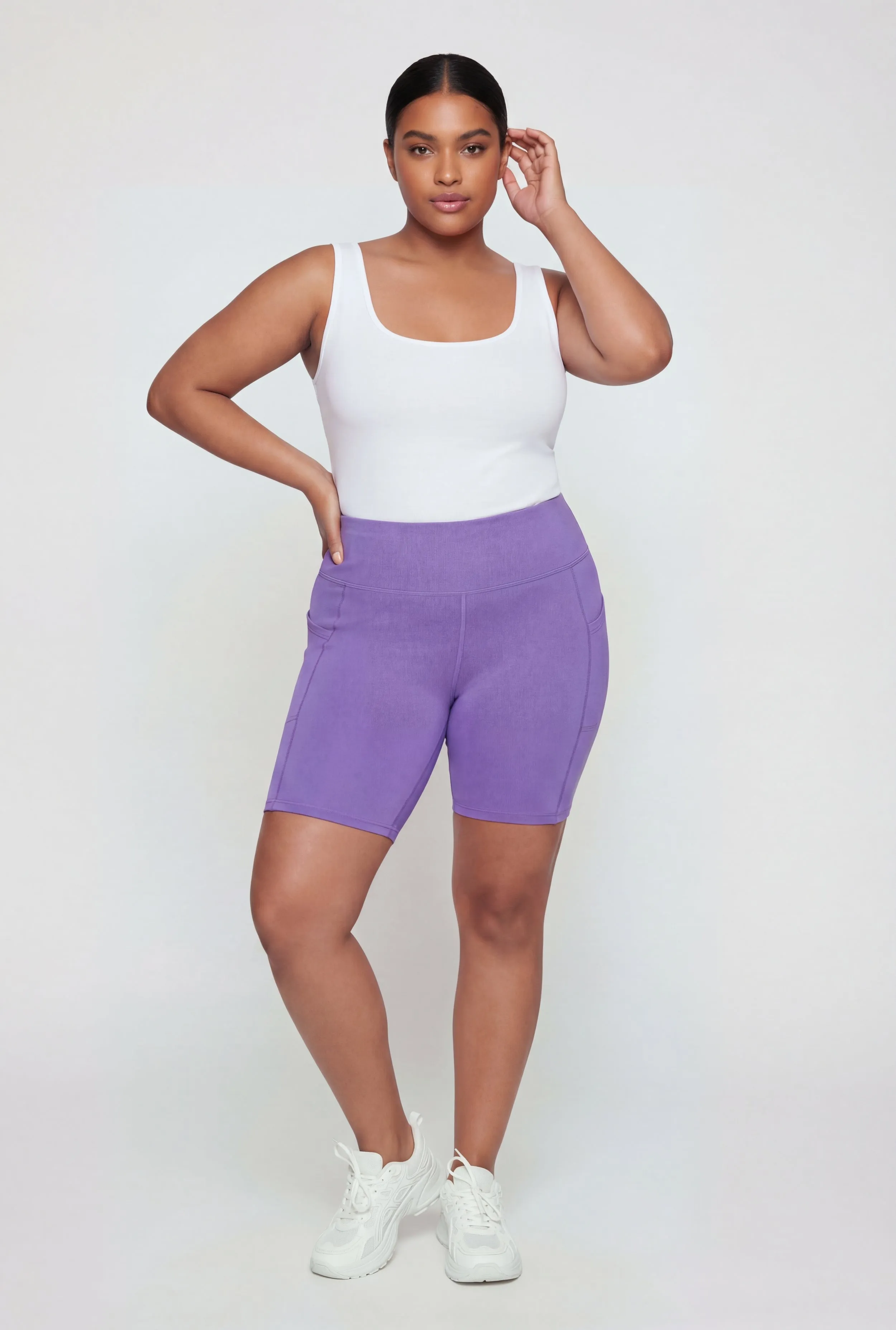 Plus Size Solid High Waisted Bike Shorts with Pockets sold by Rainbow