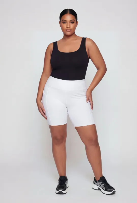 Plus Size Solid High Waisted Bike Shorts with Pockets made by Rainbow