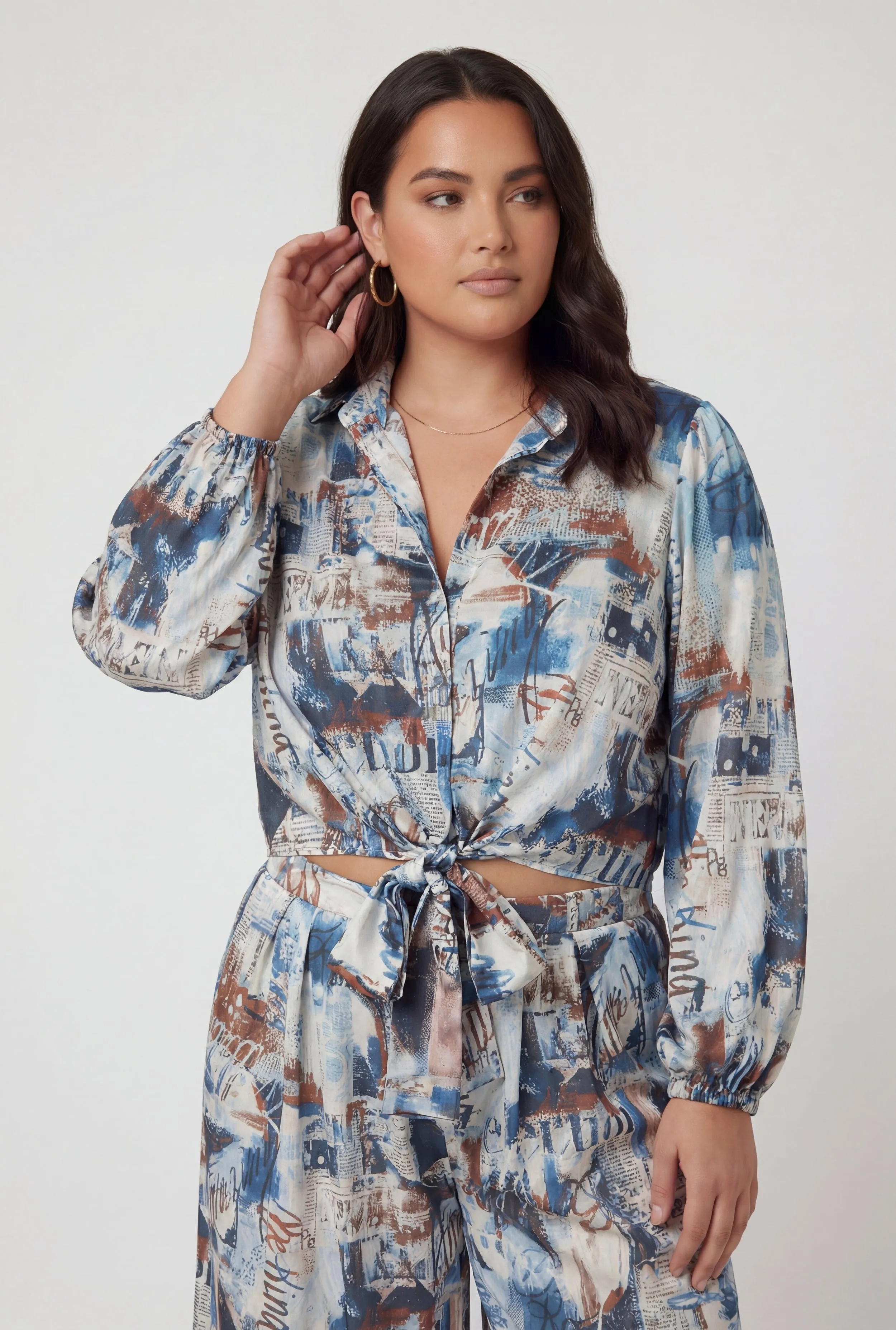 Plus Size Satin Printed Tie Front Cropped Shirt sold by Rainbow