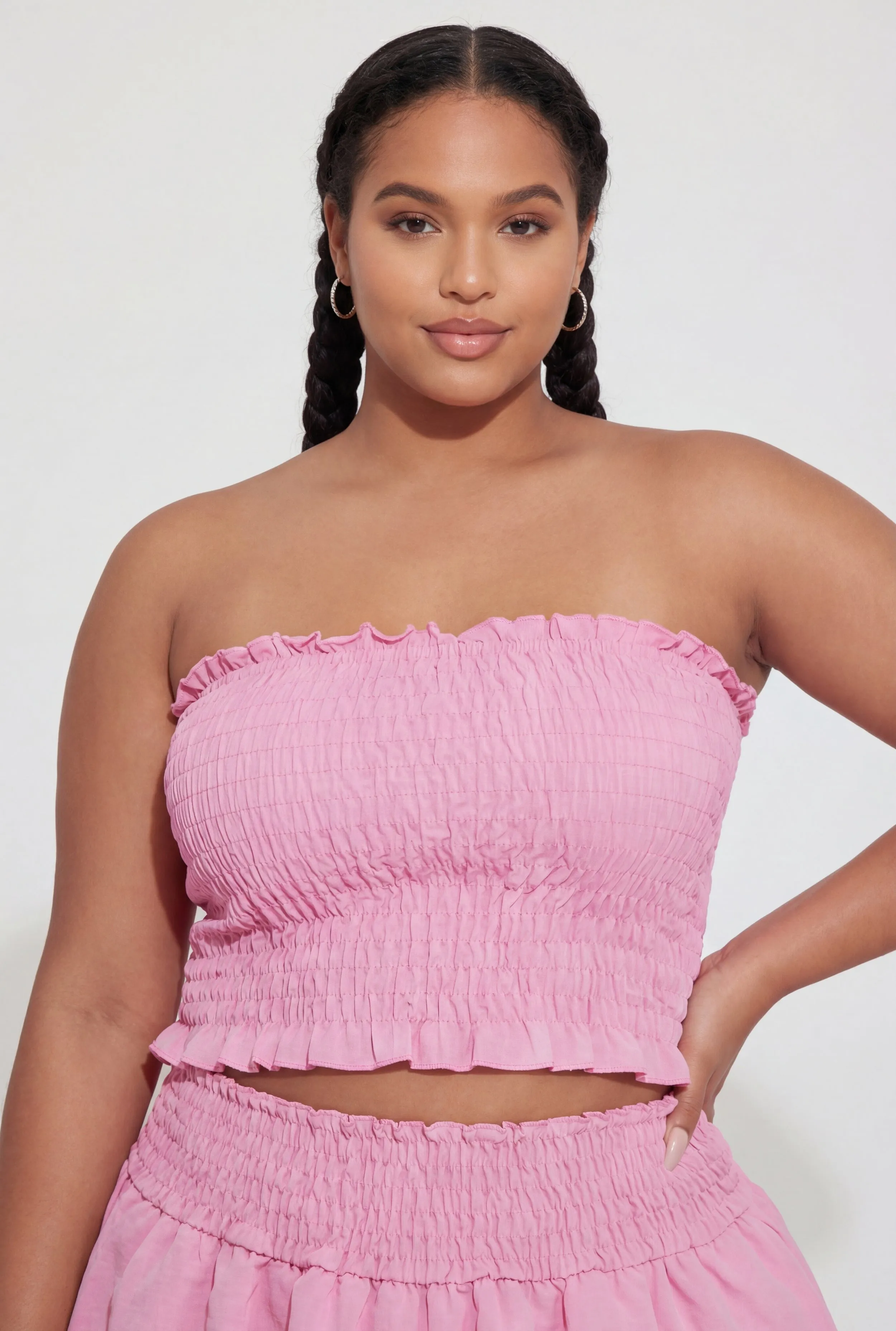 Plus Size Crepe Knit Smocked Strapless Crop Top sold by Rainbow