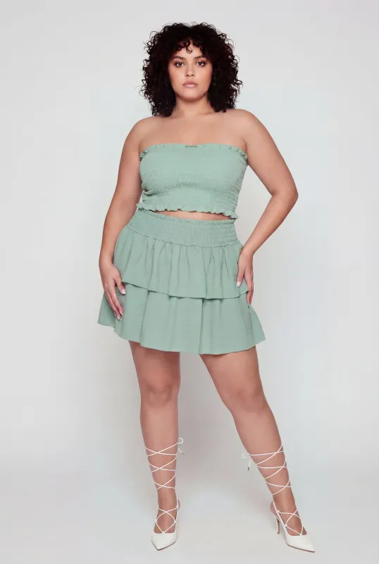 Plus Size Crepe Knit Smocked High Waisted Tiered Skirt made by Rainbow