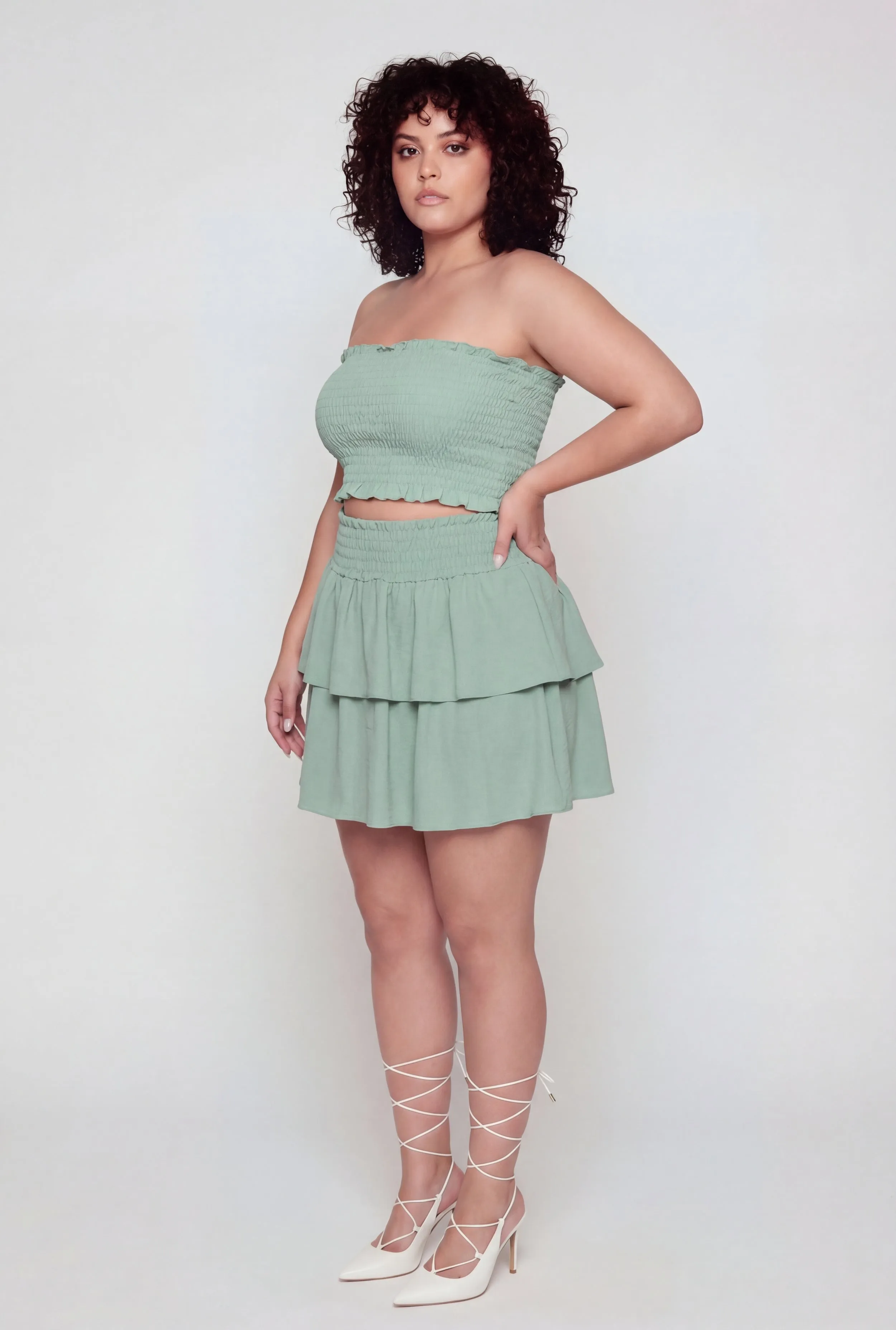 Plus Size Crepe Knit Smocked High Waisted Tiered Skirt sold by Rainbow product image thumbnail 2
