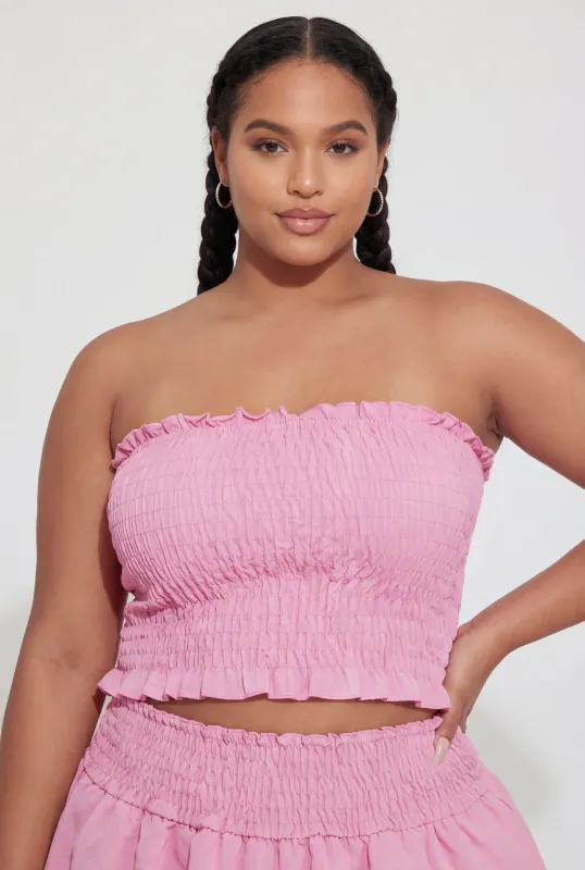 Plus Size Crepe Knit Smocked Strapless Crop Top made by Rainbow