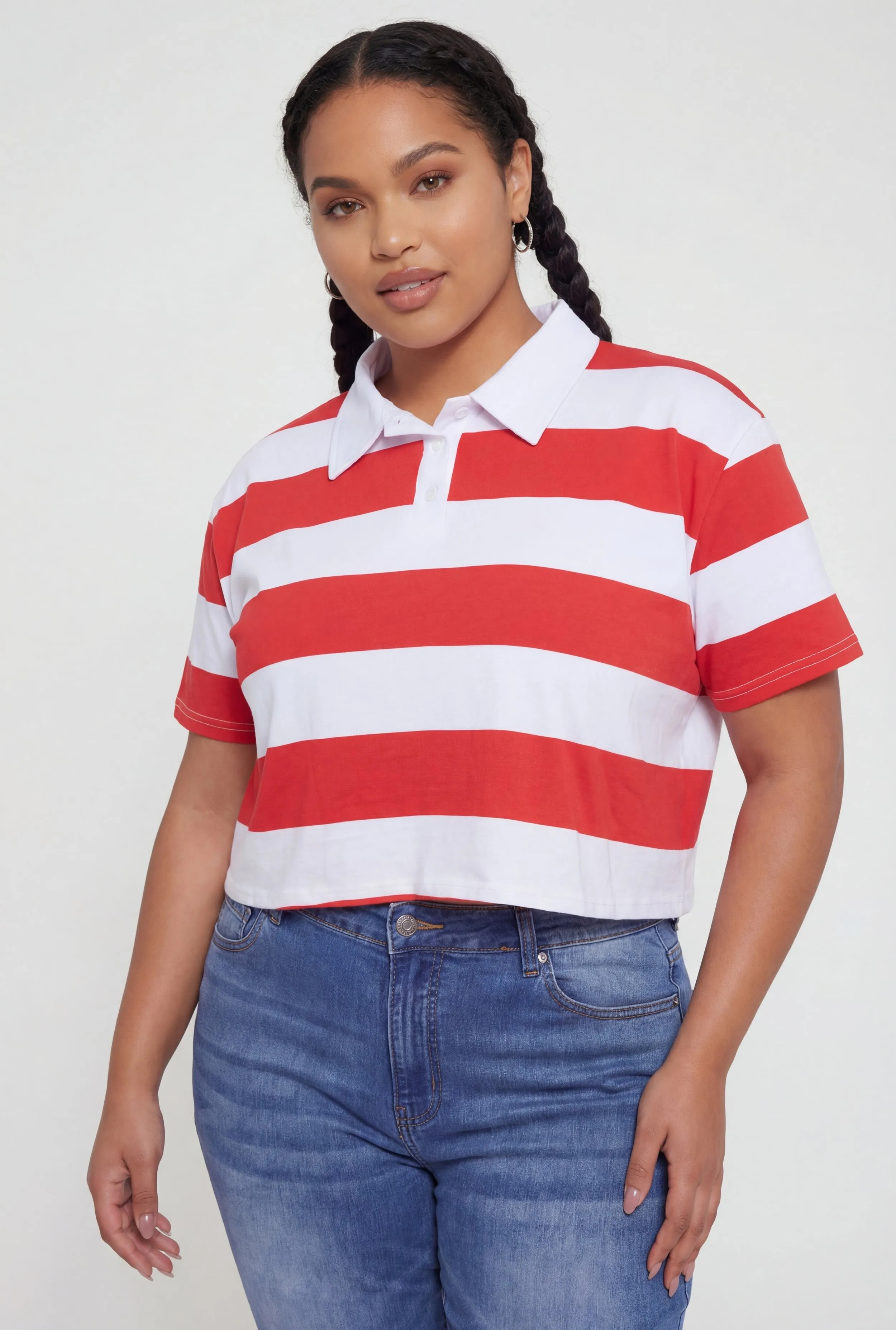 Plus Size Striped Short Sleeve Cropped Polo Shirt sold by Rainbow product image thumbnail 2