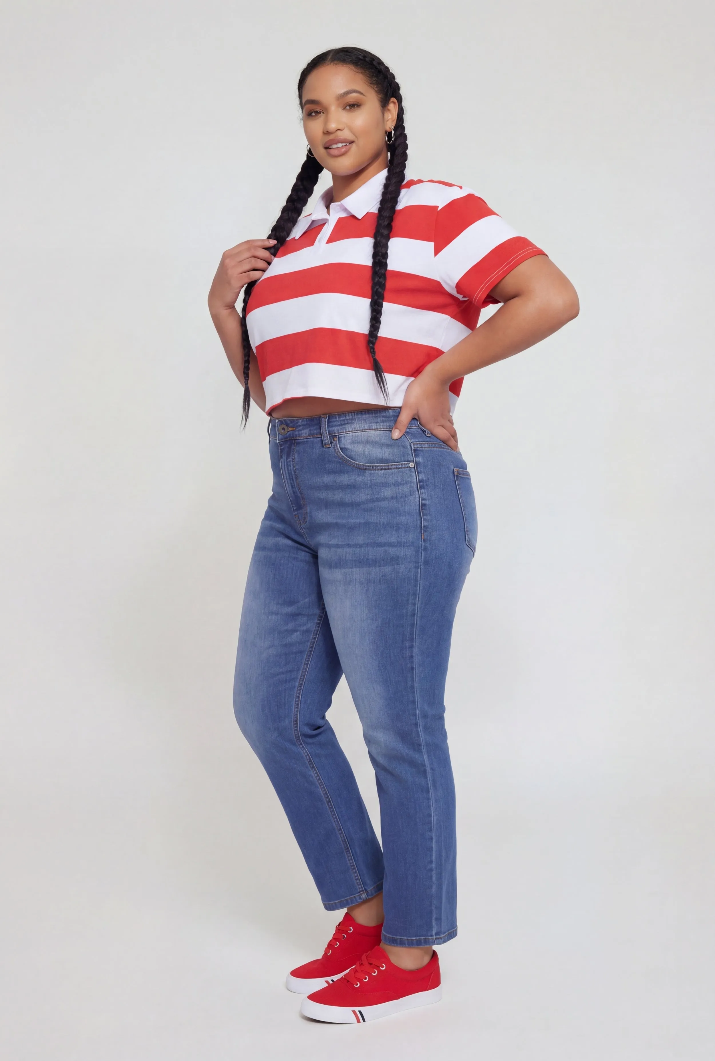 Plus Size Striped Short Sleeve Cropped Polo Shirt sold by Rainbow product image thumbnail 3
