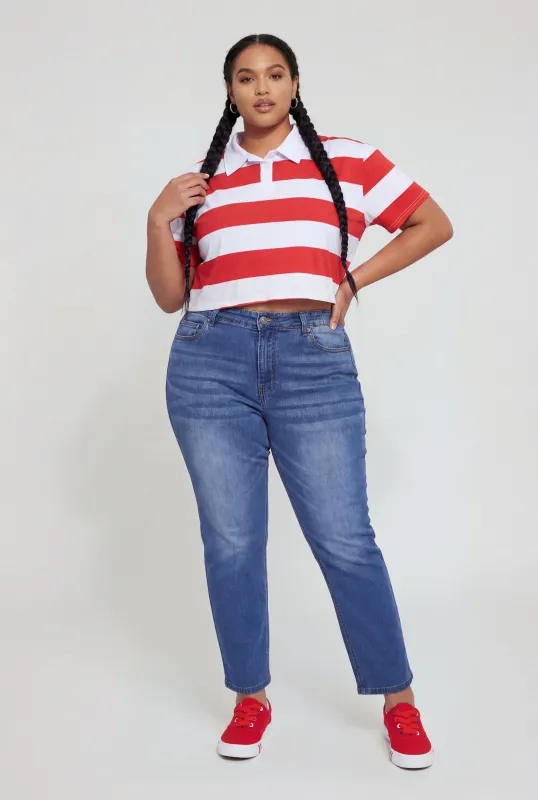 Plus Size Striped Short Sleeve Cropped Polo Shirt made by Rainbow