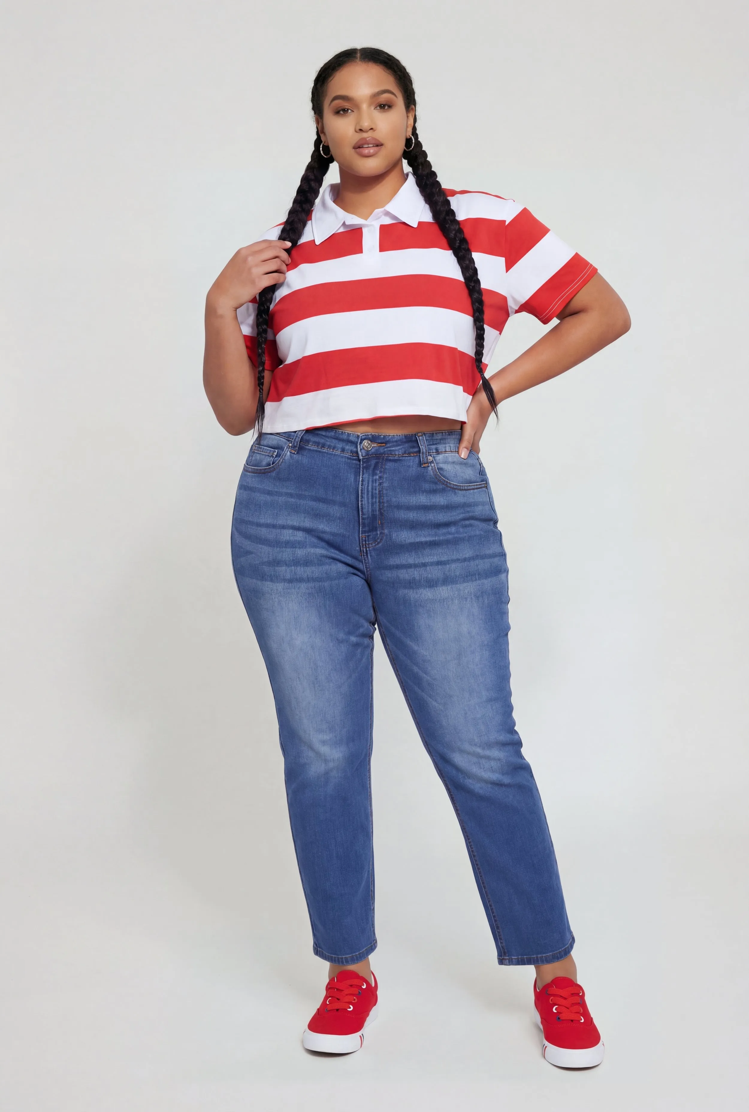 Plus Size Striped Short Sleeve Cropped Polo Shirt sold by Rainbow