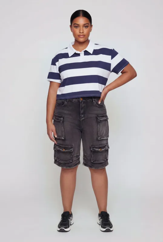 Plus Size Striped Short Sleeve Cropped Polo Shirt made by Rainbow